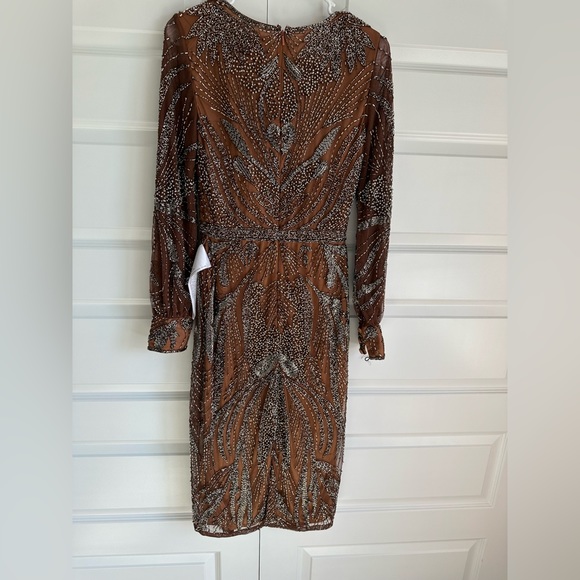 Mac Duggal Style 5295 Beaded‎ Long Sleeve Wrap Mini Dress in Mocha- NWT - Picture 10 of 13